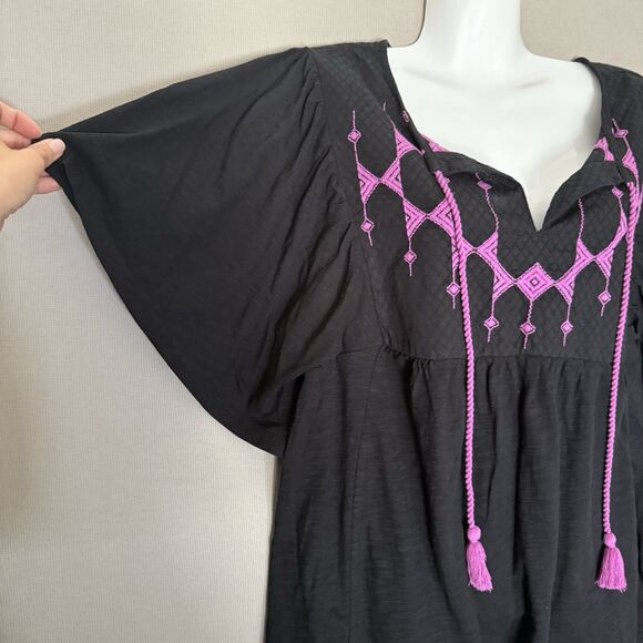 Knox Rose Shirt Womens XXL Black Magenta Flutter Short Sleeve Embroidered Top - Picture 4 of 11